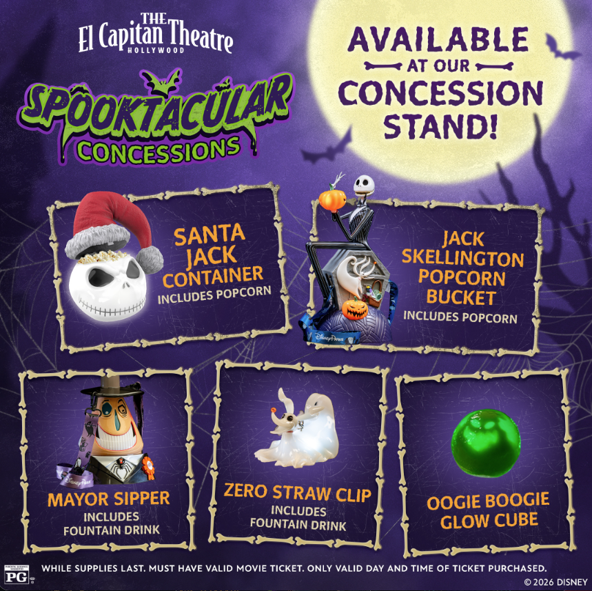 Promotional poster for Spooktacular Concessions at El Capitan Theatre featuring Halloween themed snack containers and buckets