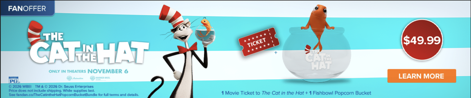 Fandango The Cat in the Hat Popcorn Bucket Bundle with a movie ticket and Fishbowl Popcorn Bucket for 99