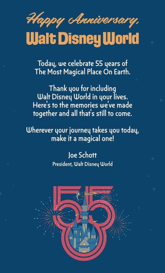 Celebration poster for Walt Disney Worlds 55th anniversary featuring the message and a large 55 with a castle motif on a blue background