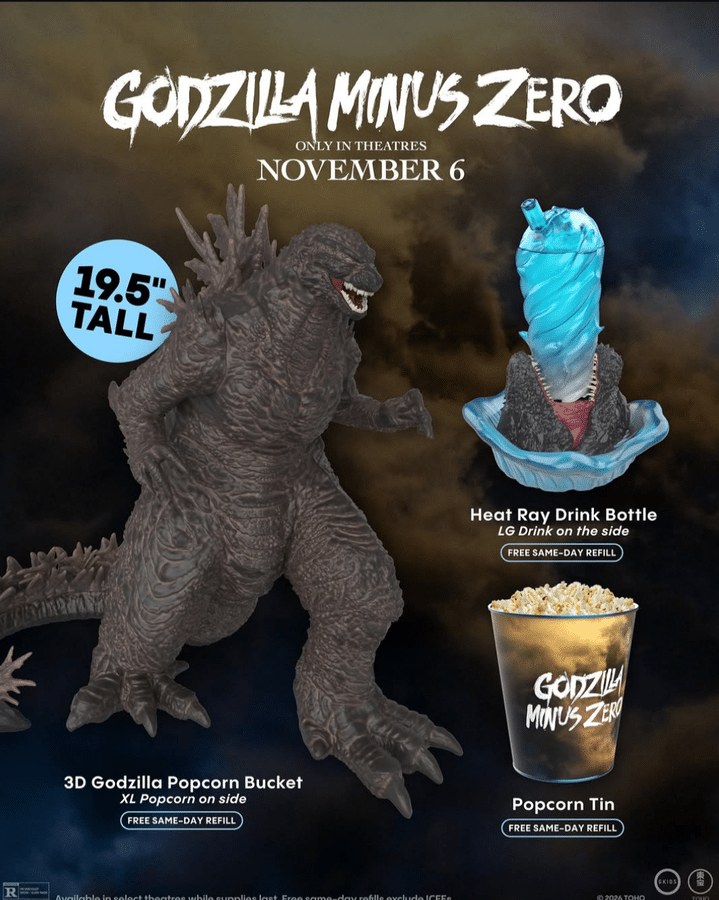 Promotional poster for Godzilla Minus Zero with a giant Godzilla figure a blue Heat Ray Drink Bottle a 3D Godzilla Popcorn Bucket and a popcorn tin beside the release date November 6