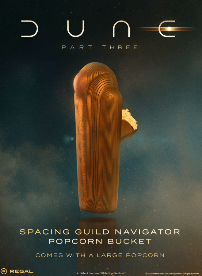 Poster for DUNE Part Three featuring a tall wooden popcorn bucket against a starry space background tagline and movie logo at top popcorn bucket toward center