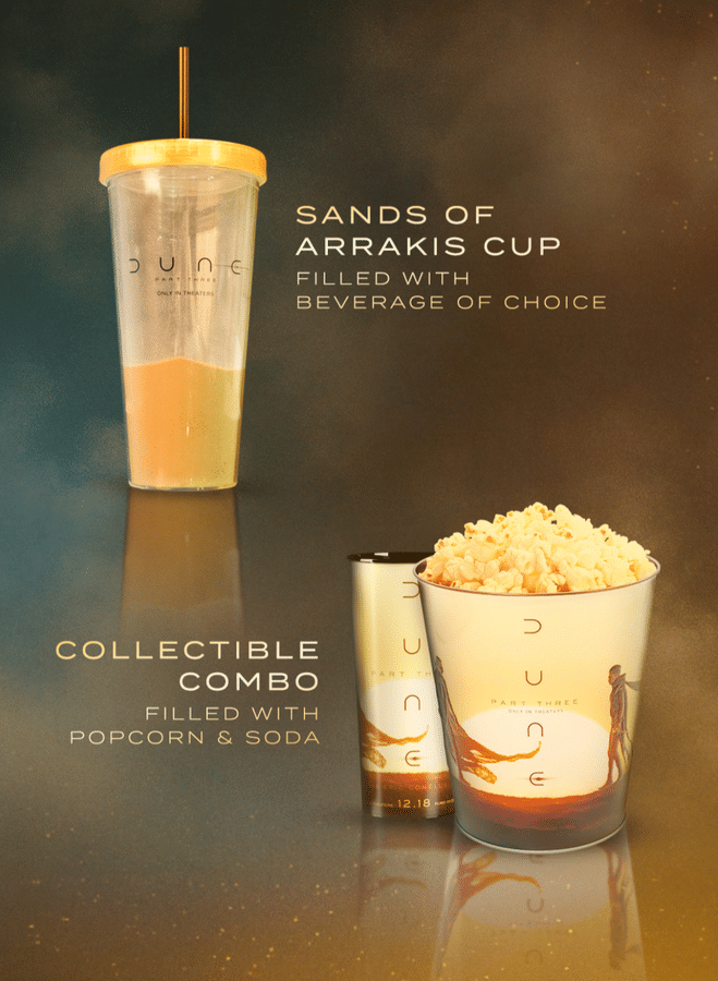 Promo image showing a tall cup with a straw and a popcorn bucket on a dark gradient background text reads'Sands of Arrakis Cup' and 'Collectible Combo'.