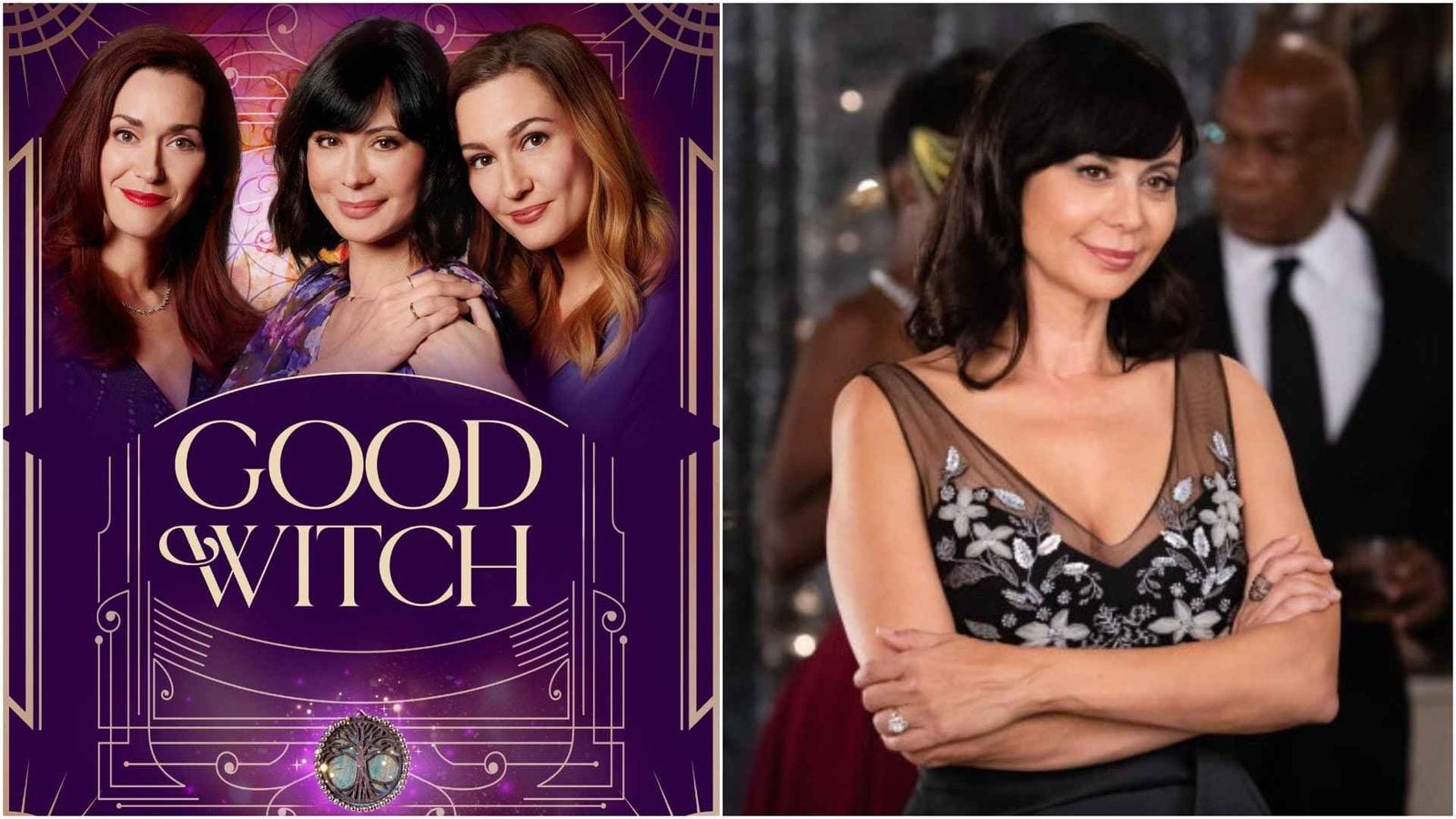 Split image left is a purple Good Witch film poster with three women right is a smiling woman in a brown floral embroidered gown at a red carpet event