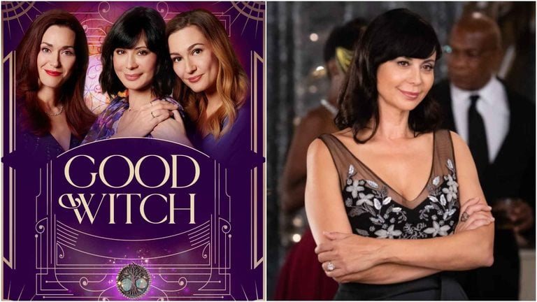 Split image: left is a purple 'Good Witch' film poster with three women; right is a smiling woman in a brown floral-embroidered gown at a red-carpet event