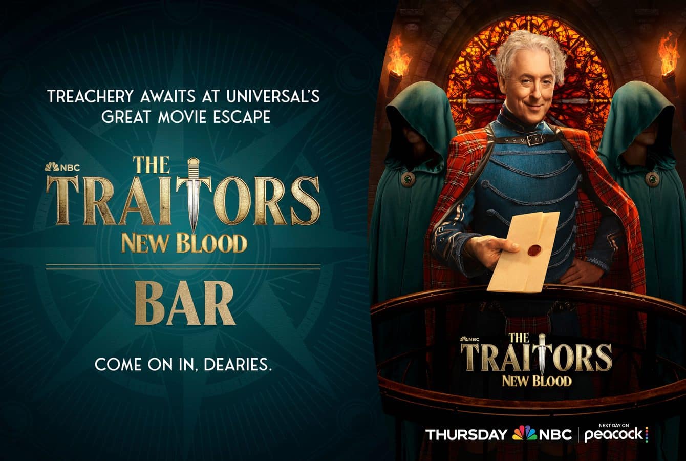 Promotional banner for NBCs The Traitors New Blood with a costumed host holding an envelope on the right