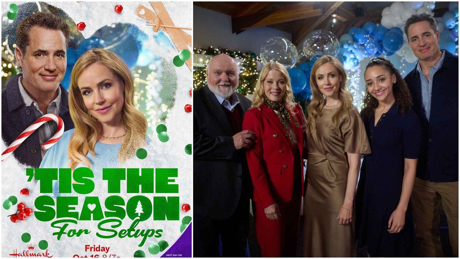 Split image left holiday poster with a smiling couple candy cane and bold green text Tis the Season for Setups Hallmark branding visible Right five people in a festive room with blue balloons and string lights posing for a photo'Tis the Season for Setups Review: Hallmark Kicks Off Countdown to Christmas 2026