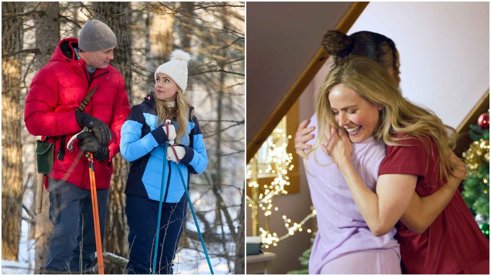 Two people dressed for winter hiking talk outdoors on the left two women hug and smile indoors beside a Christmas tree on the right'Tis the Season for Setups Review: Hallmark Kicks Off Countdown to Christmas 2026