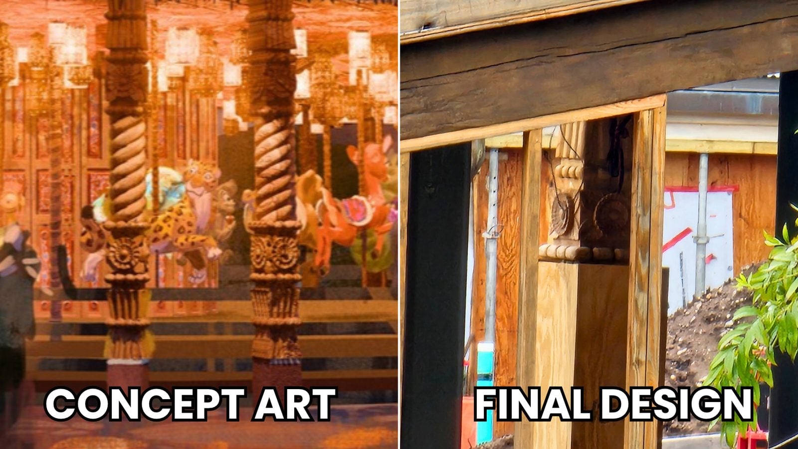 Split image left panel shows an ornate interior with carved columns and banners labeled Concept Art right panel shows a wooden construction site labeled Final Design