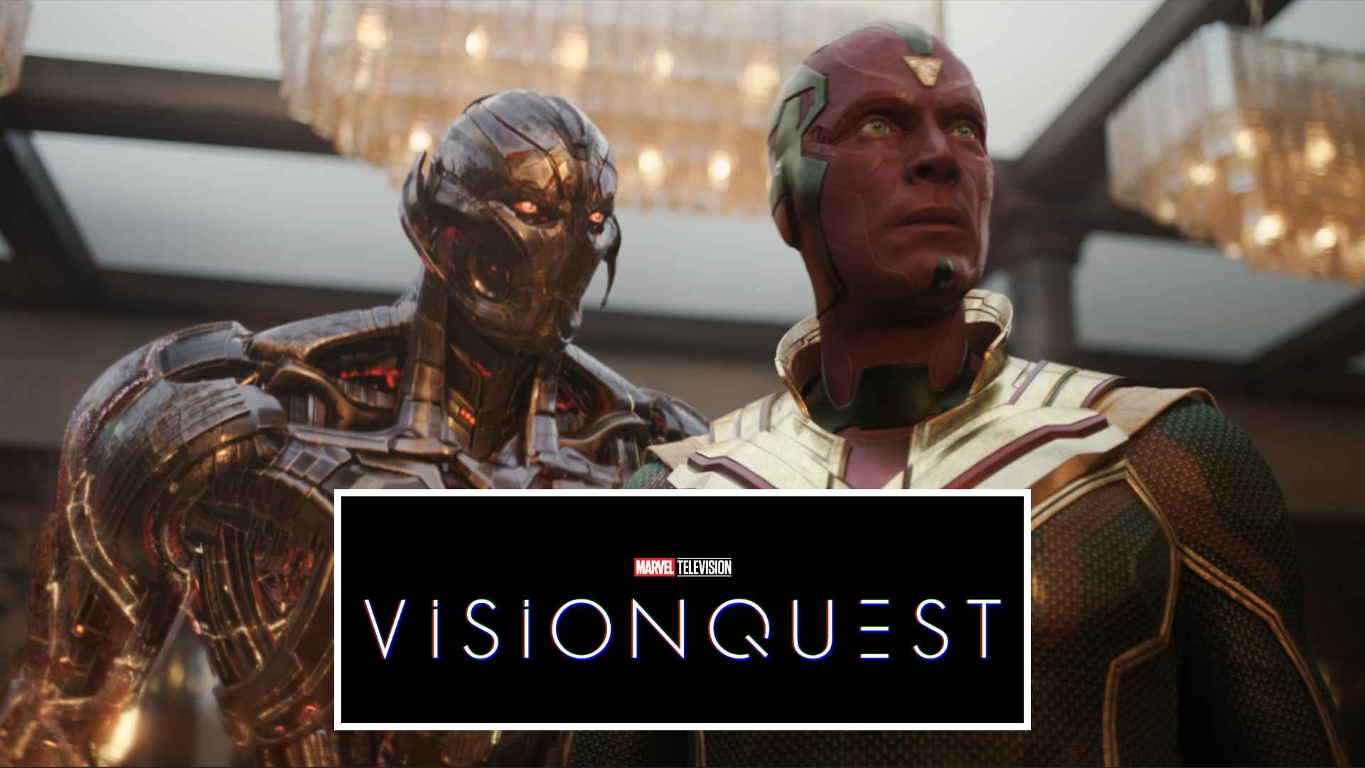 Ultron and Vision stand side by side in a lobby with a bold Vision Quest banner in front (Marvel promotion).