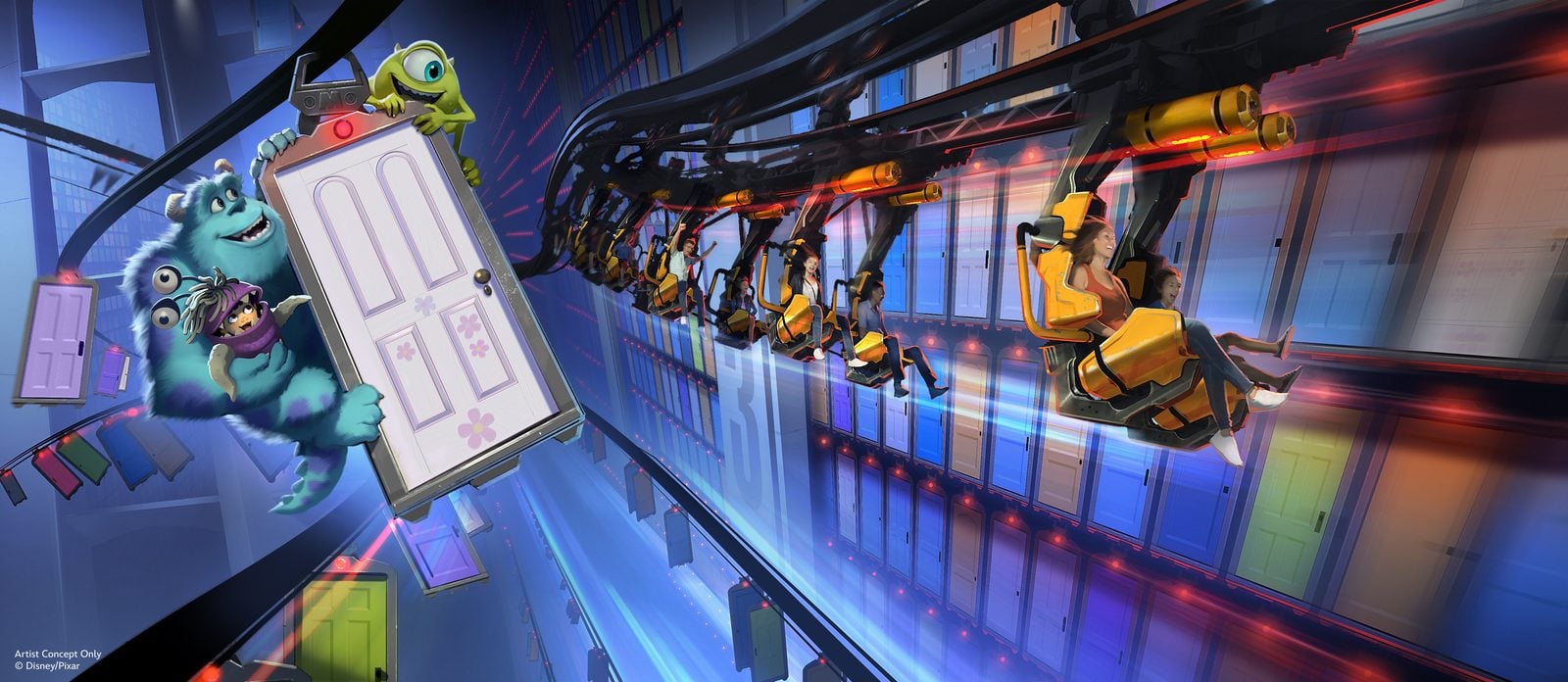 Scene of a fast moving roller coaster ride with riders strapped into yellow seats zipping along a track beside a blue furry monster and a small green one eyed character gripping a door for support
