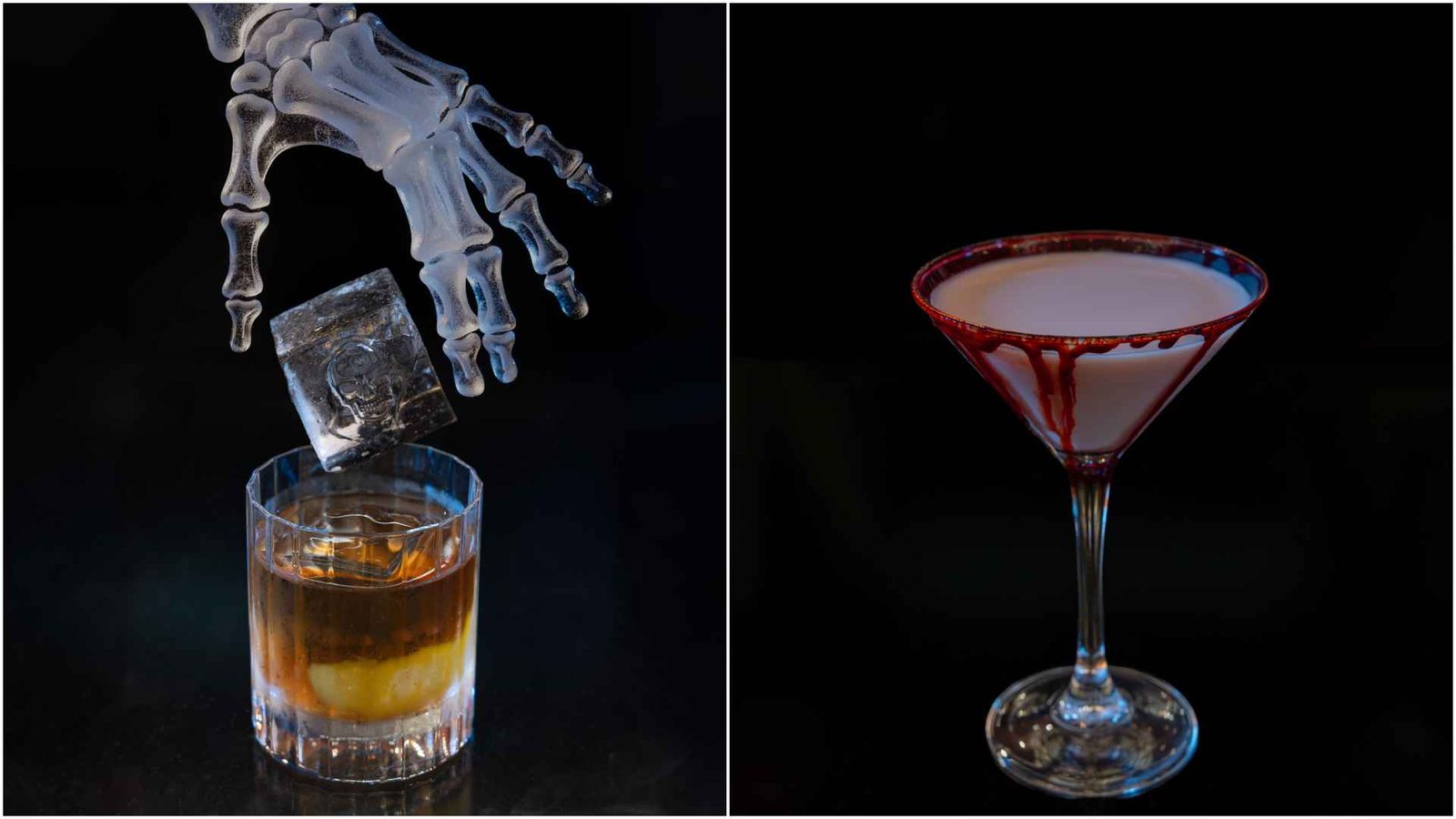 Left skeletal hand dropping an ice cube into a whiskey glass Right pale cocktail in a martini glass with a red rim
