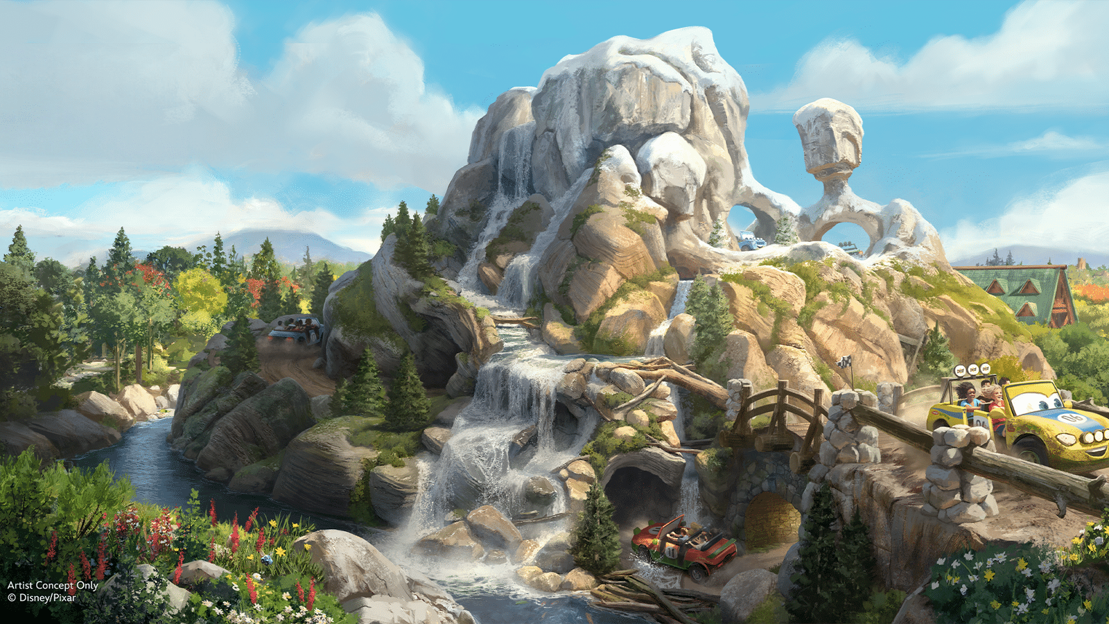 Concept art of a DisneyPixar theme park landscape featuring a tall rocky mountain with waterfalls a bridge and ride vehicles winding around the terrain