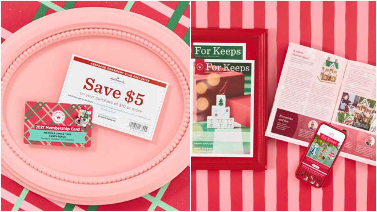 Two panel holiday collage left shows a pink plate with a  coupon and a gift card right shows Christmas themed catalogs and a phone on red striped background