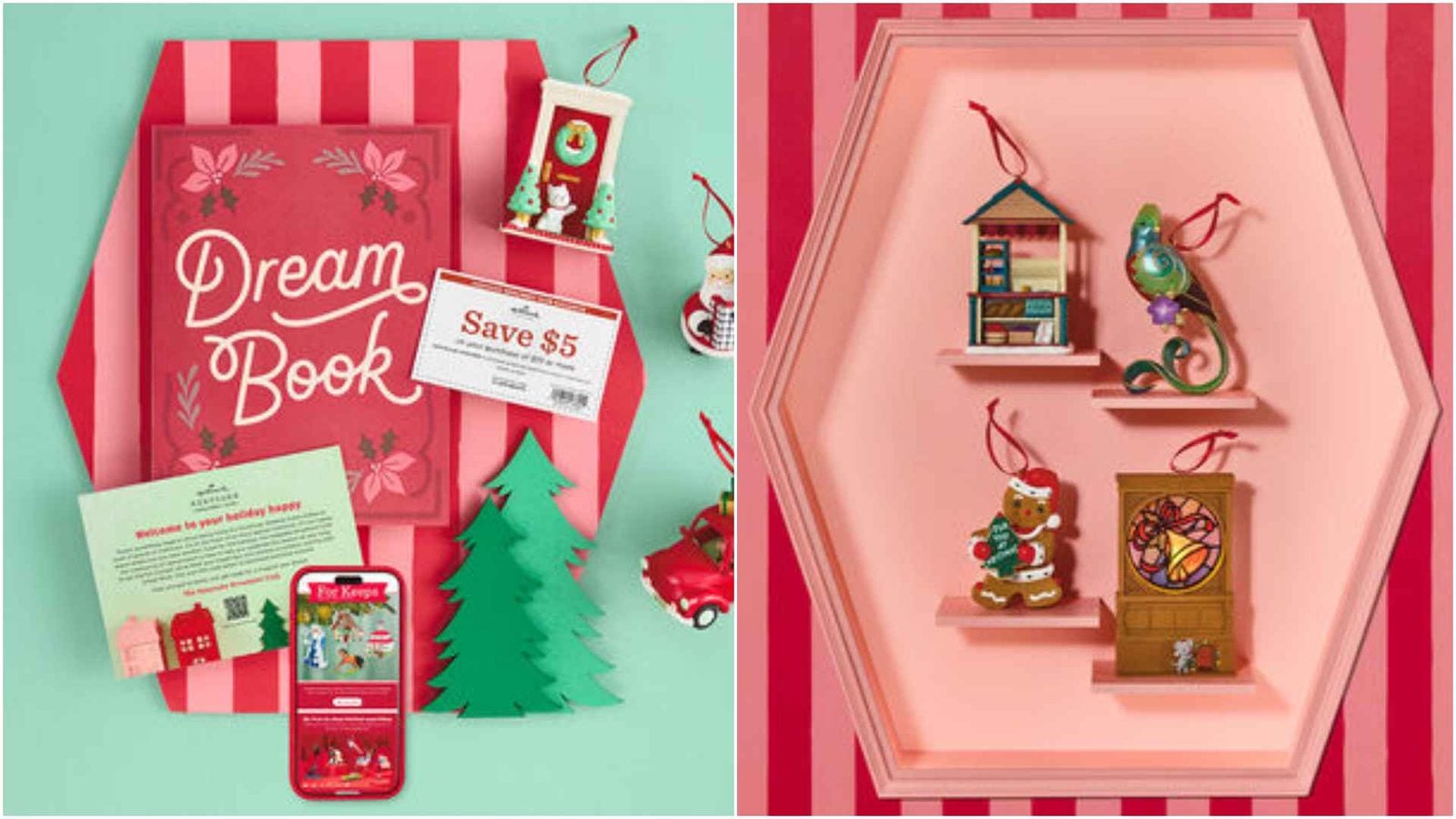 Two panel festive display left shows a red Dream Book promo with holiday crafts on teal right features a pink hex shelf with miniature house and hanging ornaments