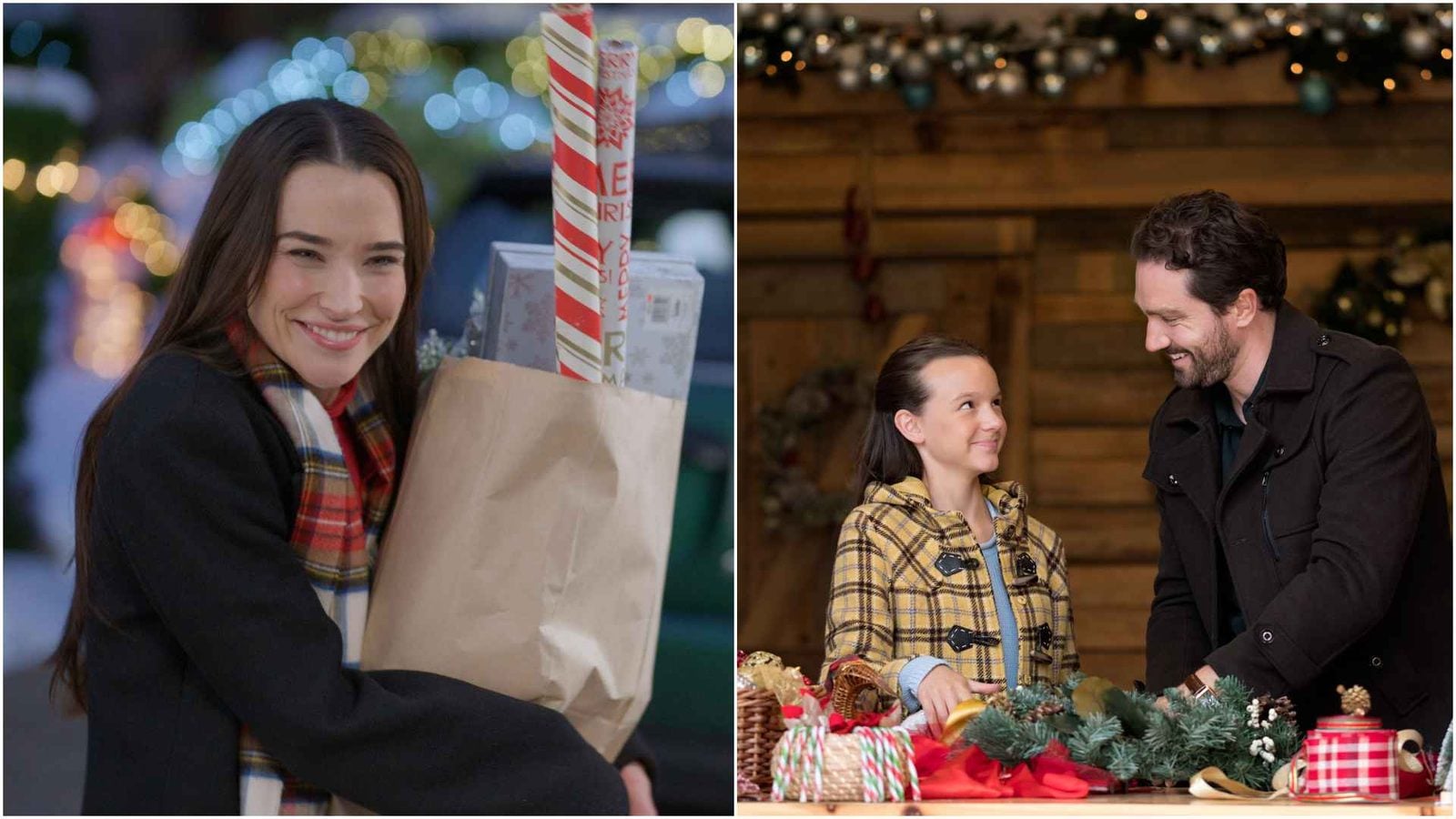 Woman smiling while holding a gift bag and wrapped presents at a Christmas market