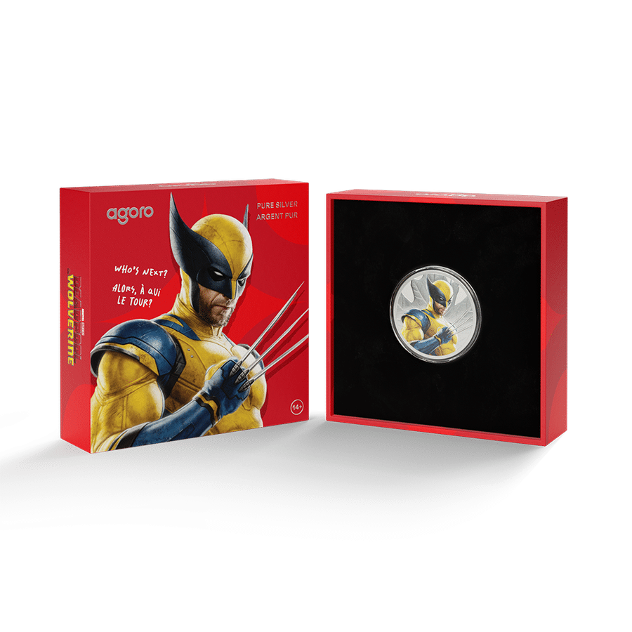 Red Wolverine collectible coin set box featuring the hero with claws open case shows a circular silver coin with Wolverine image inside a black insert