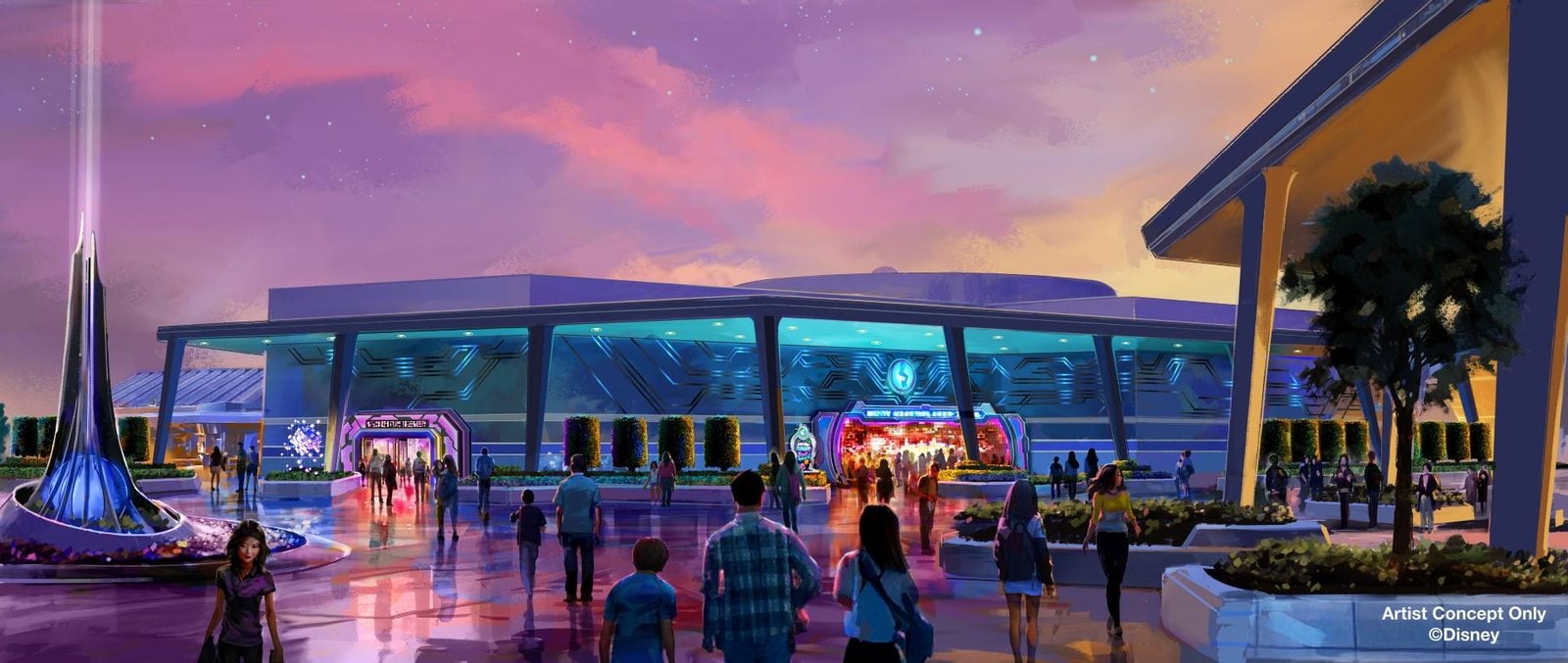 Futuristic Disney plaza at sunset with a neon lit building glassy pathways and visitors walking toward a central entrance