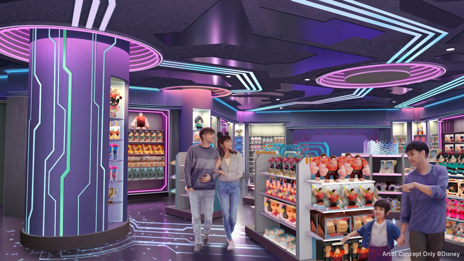 Couple walking through a neon lit futuristic toy store with plush toys and gadgets on display shelves