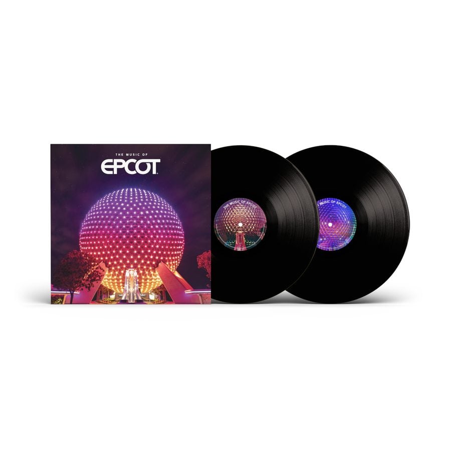 Album cover The Music of EPCOT with the illuminated Geodesic Sphere and two black vinyl records behind it colorful glow