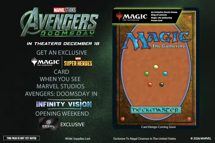 Regal exclusive Doctor Doom King of Latveria Magic The Gathering promo card next to the Regal Doctor Doom statue popcorn bucket
