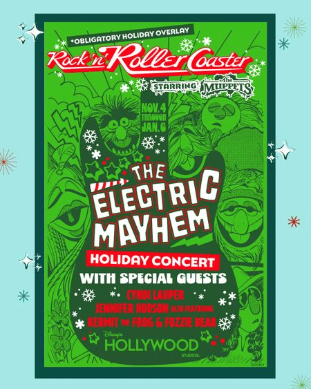 Poster for a holiday concert featuring The Electric Mayhem with guest stars green themed with snowflakes and bold red title text Hollywood venue listed on the poster