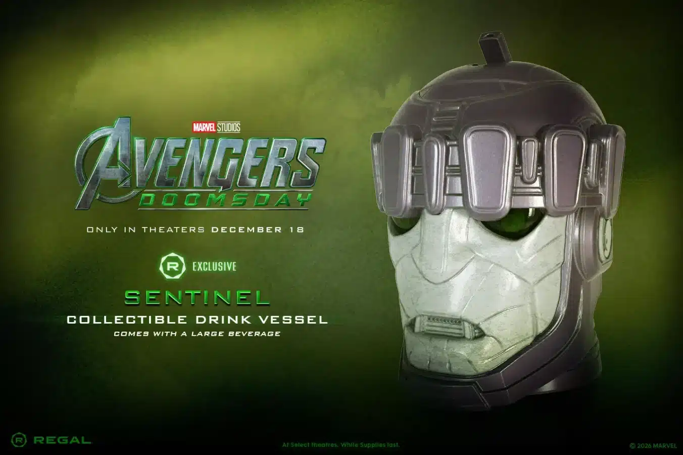 Regal exclusive Avengers Doomsday Sentinel collectible drink vessel shaped like a Sentinel robot head