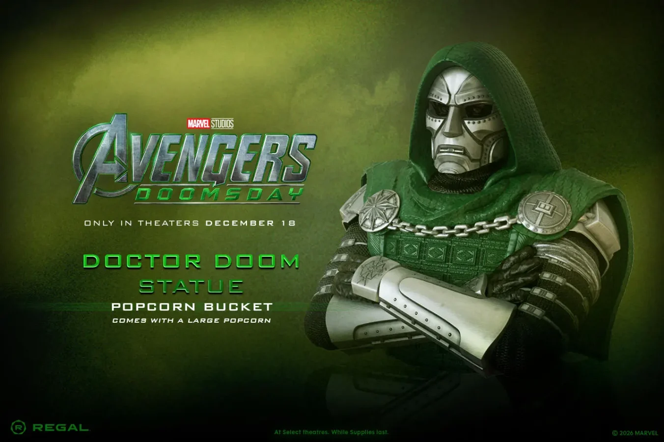 Regal Avengers Doomsday Doctor Doom statue popcorn bucket with Doom's arms crossed