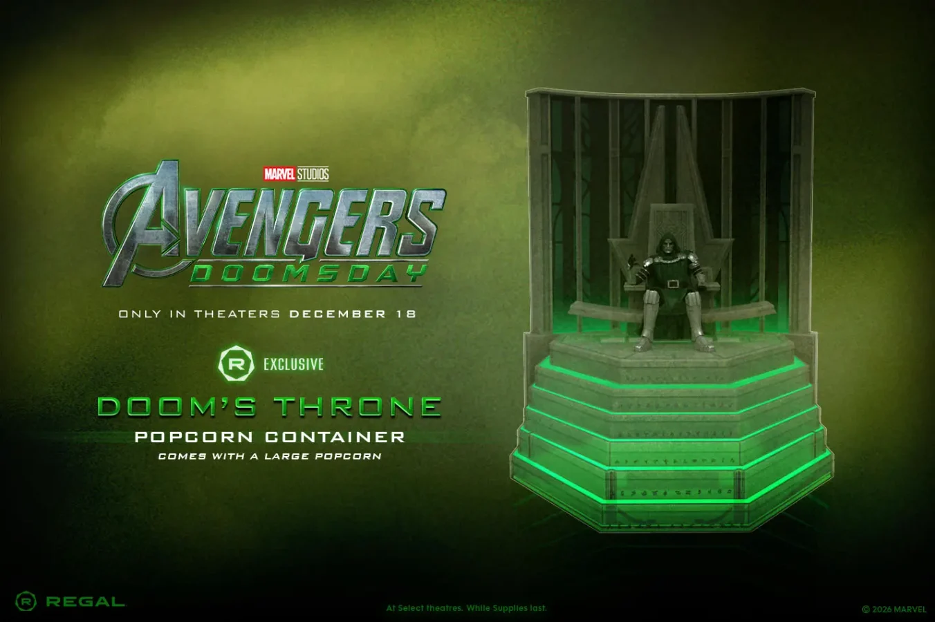 Regal exclusive Avengers Doomsday Doom's Throne popcorn container with Doctor Doom on a glowing green throne