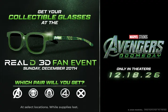 Green Avengers Doomsday collectible 3D glasses for the Regal RealD 3D Fan Event on December 20 with Avengers Black Panther Doctor Doom Fantastic Four and X Men logos