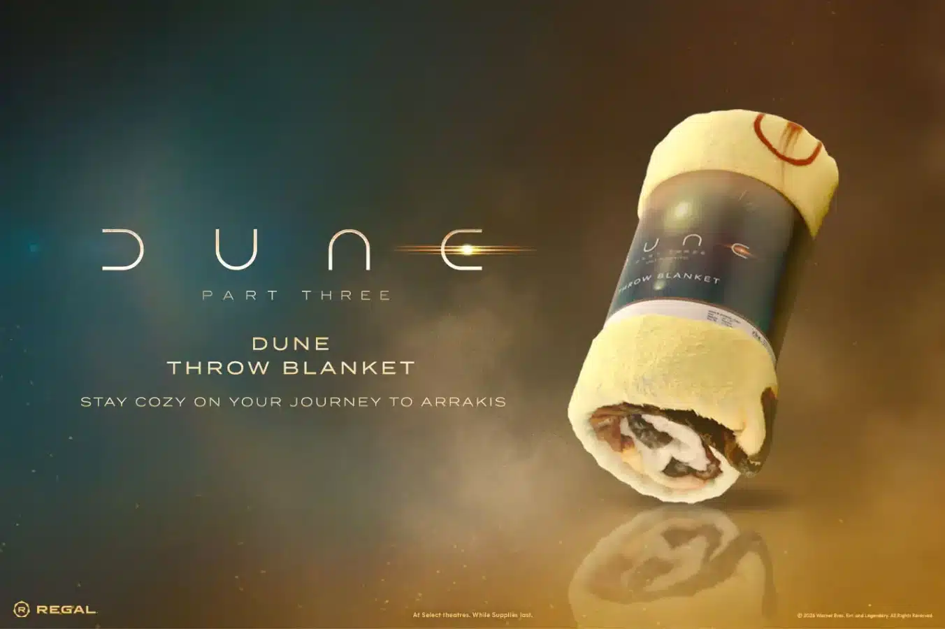 Promotional poster for Dune Part Three featuring a rolled beige throw blanket on the right and the text DUNE PART THREE and DUNE THROW BLANKET