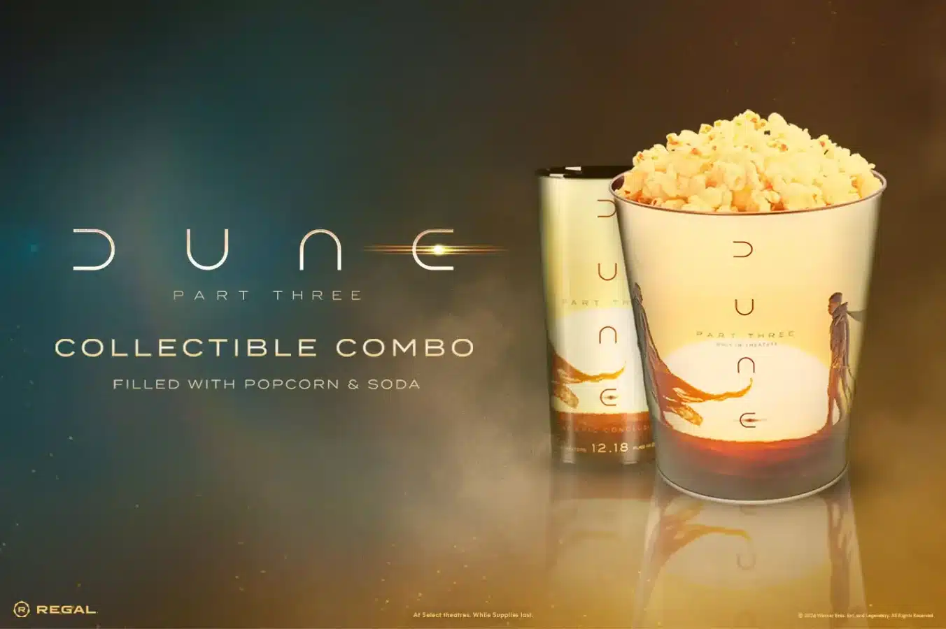Promotional poster for Dune Part Three Collectible combo with popcorn and soda shown with branded cups on a gradient background