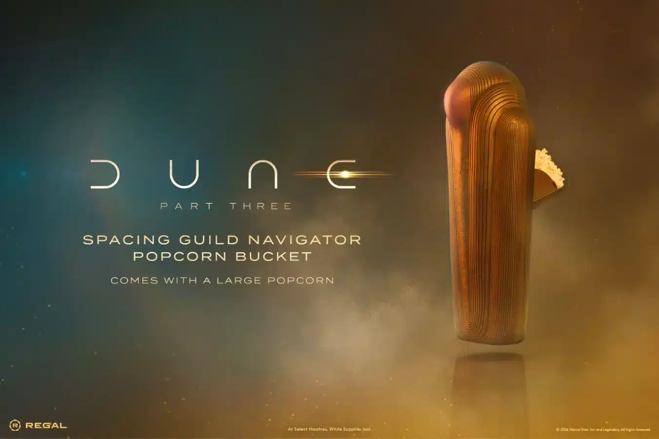 Poster for Dune Part Three featuring a tall gold toned curved popcorn bucket on the right with a smoky teal gold background and the title on the left