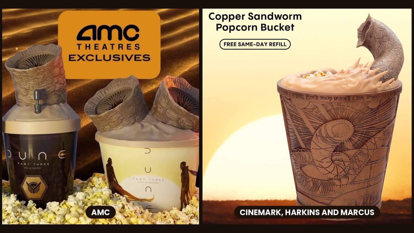 Split ad left side AMC Theatres Exclusives popcorn cups right side Copper Sandworm popcorn bucket with Free Same Day Refill text on yellow background