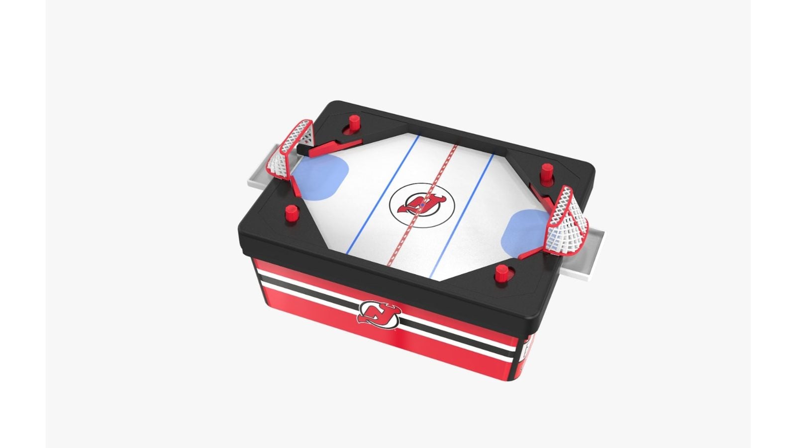 Tabletop hockey game with a red and black cabinet two netted goals and a center ice surface with a logo
