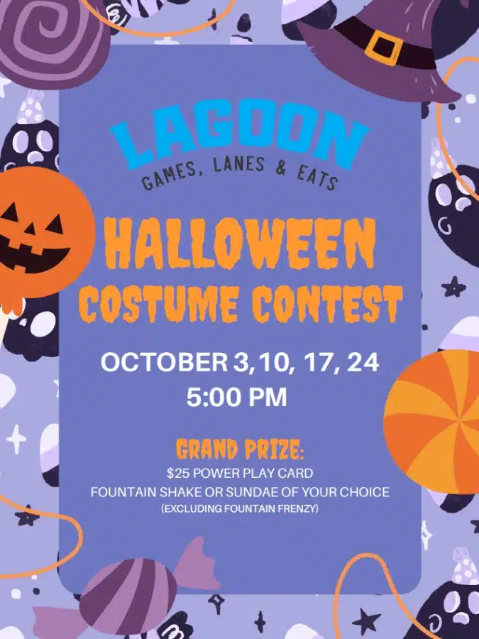 halloween3 Fantasy Land News Poster advertising Lagoon Halloween Costume Contest with pumpkin and candy border dates Oct 3 10 17 24 at 500 PM and grand prize details visible on the page