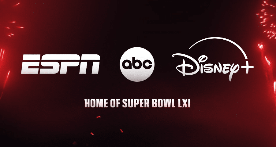 ESPN ABC and Disney+ logos above HOME OF SUPER BOWL LVI on a dark red fireworks background