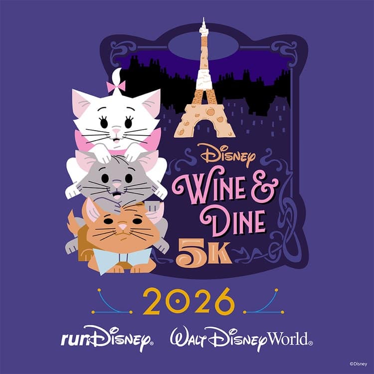 Stacked cartoon cats in front of a Paris skyline with the Eiffel Tower promoting Disney Wine  Dine 5K 2026