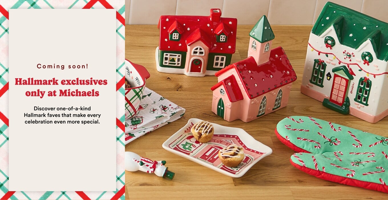Hallmark exclusives at Michaels including ceramic Christmas village houses a toy shop treat plate and a candy cane oven mitt