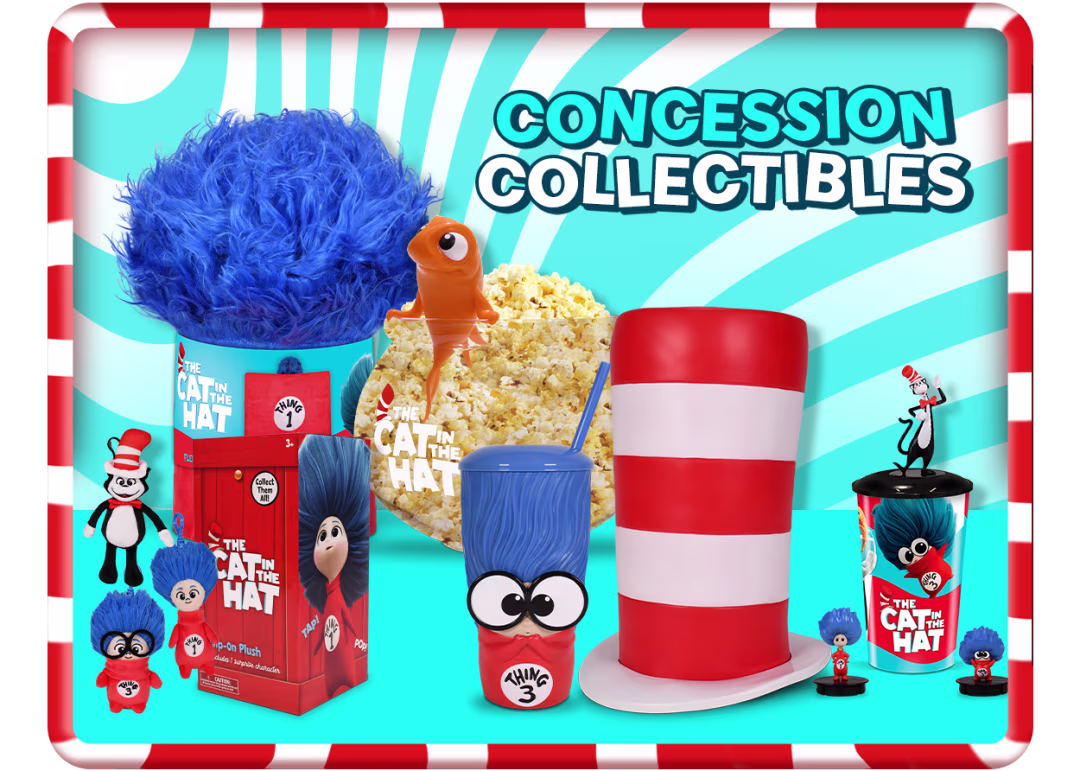 AMC Theatres The Cat in the Hat concession collectibles with the Cat's Hat bucket, Fishbowl bucket, Thing hair bucket, Thing 3 cup and clip-on plush