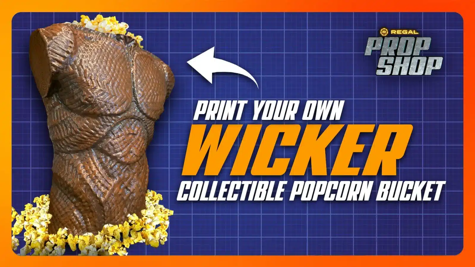 wickerpropshoppromo Fantasy Land News Promotional banner for Regal Prop Shop a giant roasted turkey leg with popcorn on a blue blueprint background and bold text Print Your Own Wicked and Collectible Popcorn Bucket